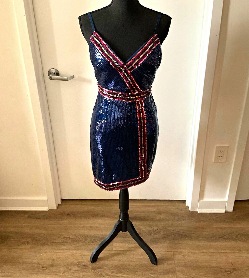 BCBGMAXAZRIA Sequin Stripe Wrap Mini Dress NWT Dark Navy Blue Cocktail size 6